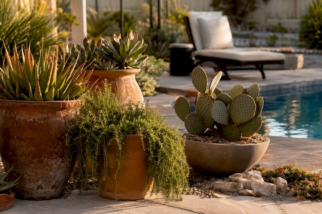 Desert plants in containers near pool deck