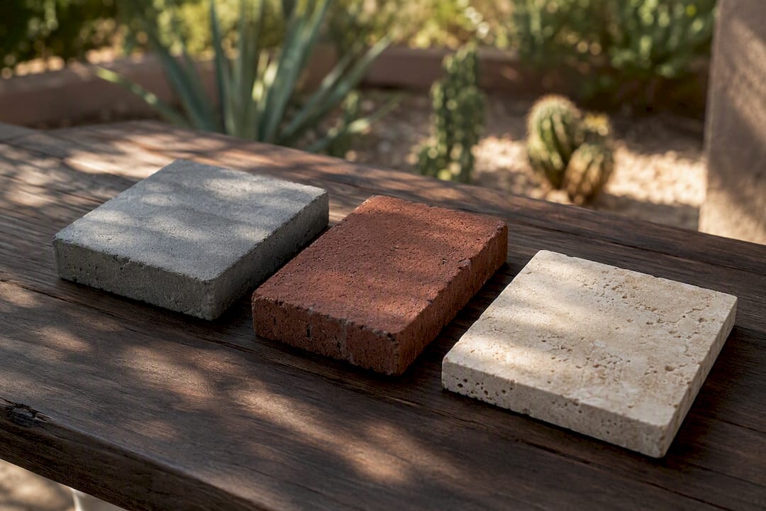 Close-up of concrete, brick, travertine patio materials