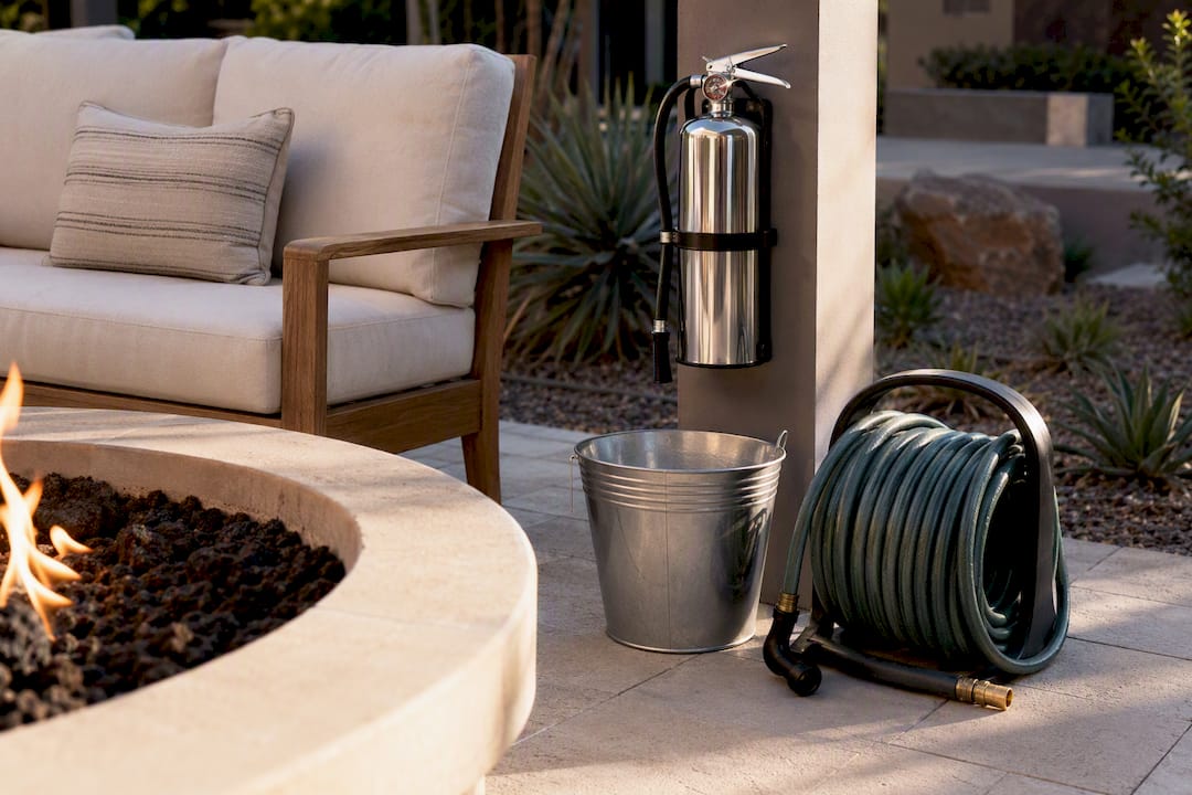 Fire pit hose bucket and extinguisher