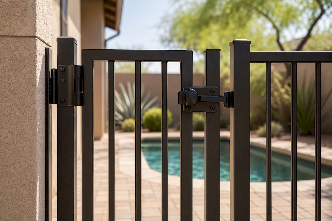 Self-latching gate beside compact pool