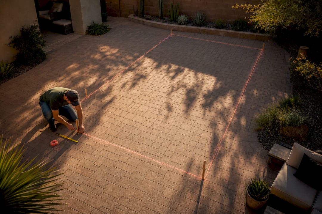 Pool footprint staked out in backyard