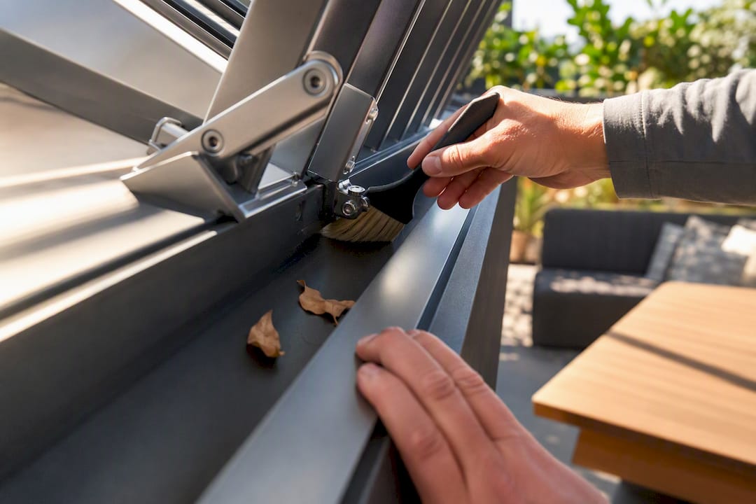 Hands inspecting pergola gutter and hinge