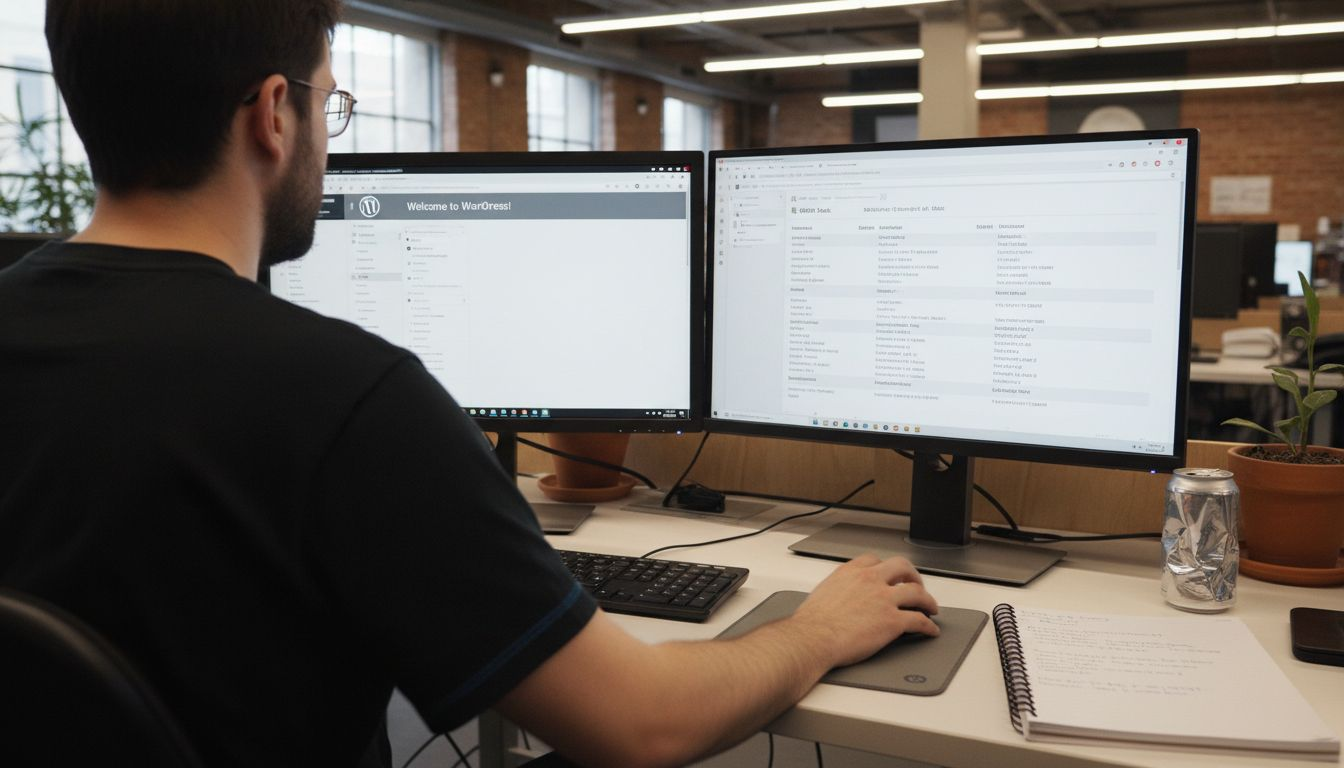 Developer comparing tech stacks on dual monitors