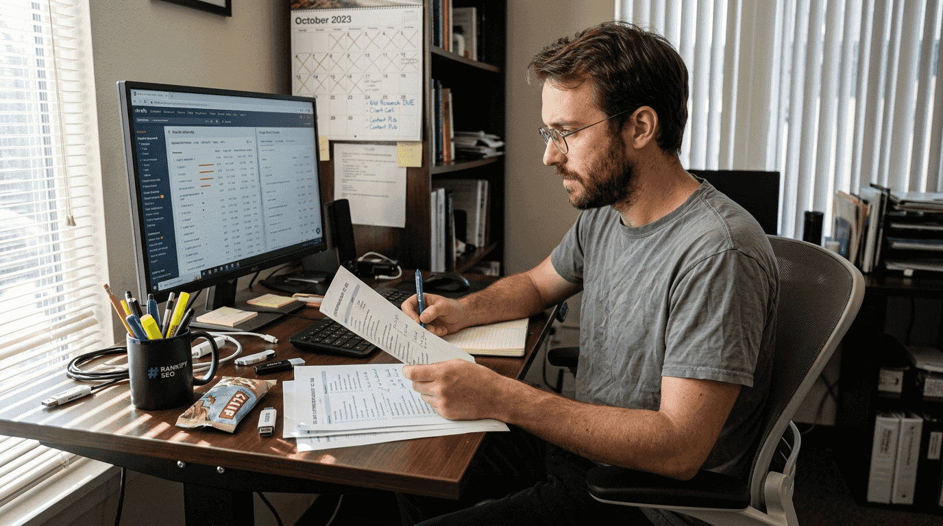 SEO specialist reviewing audit checklist