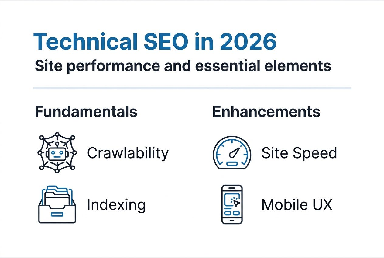 Infographic outlining technical SEO fundamentals and enhancements