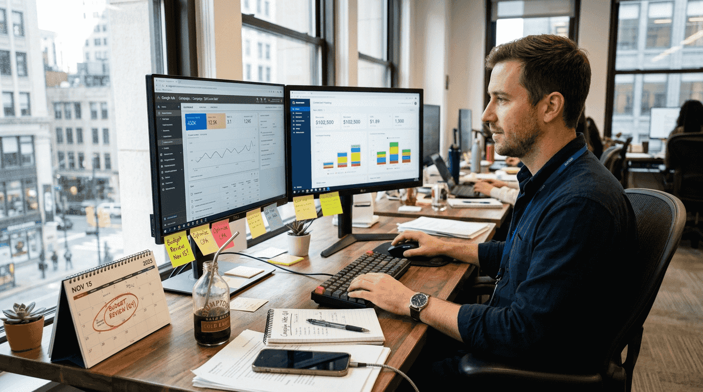 Marketer monitors Google Ads on dual screens