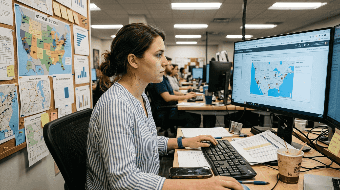 Specialist reviewing location targeting for ads