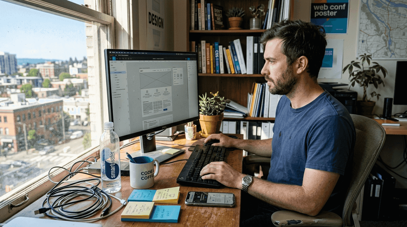 Web designer tests site on desktop and phone