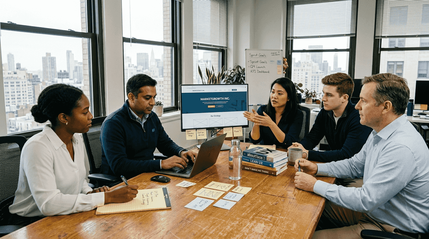 Marketers collaborating on website usability in office