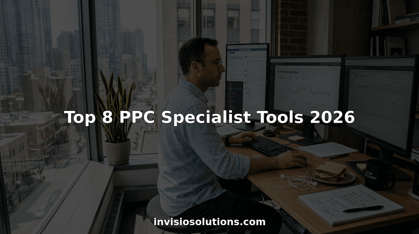 PPC specialist multitasking in corner office workspace