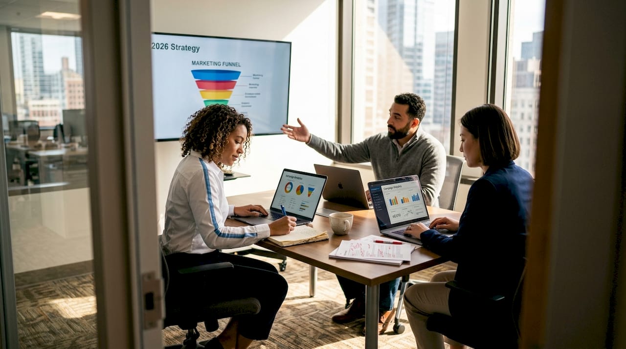 Digital marketing team reviewing analytics in corner office