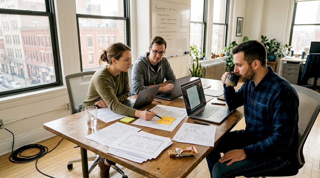Web designers reviewing homepage layout at office table