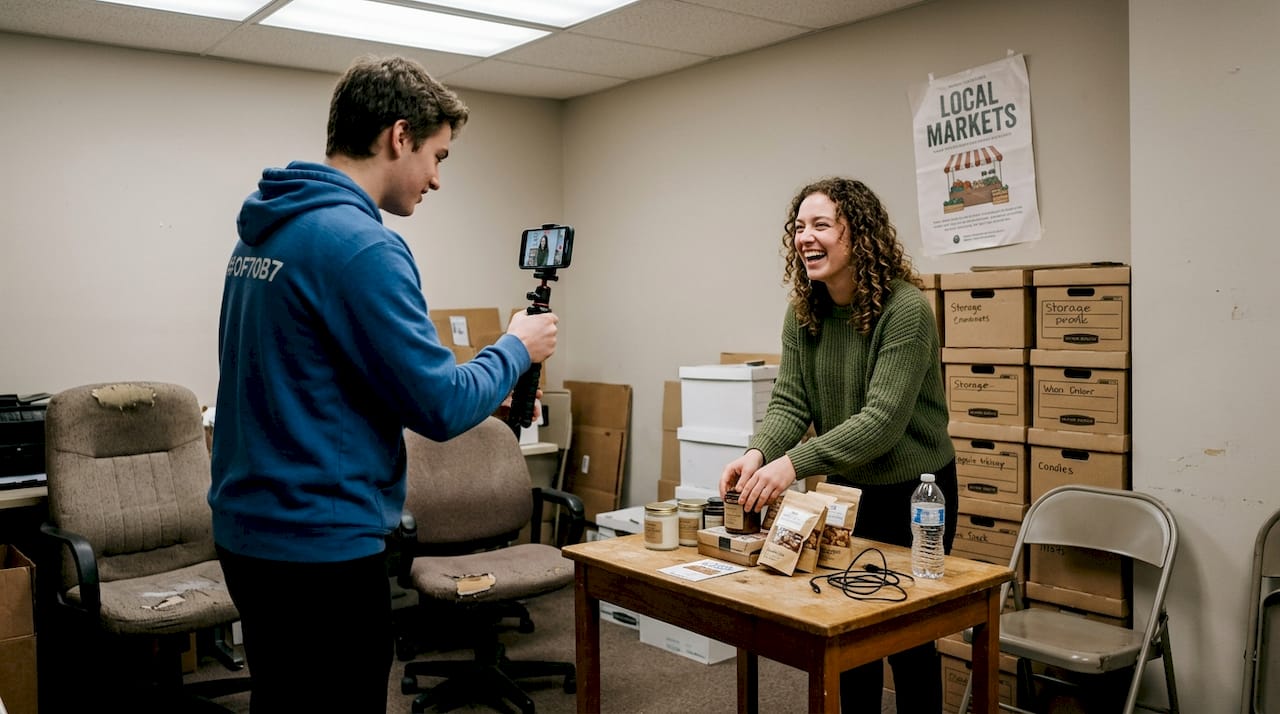 Team records short-form business video in office