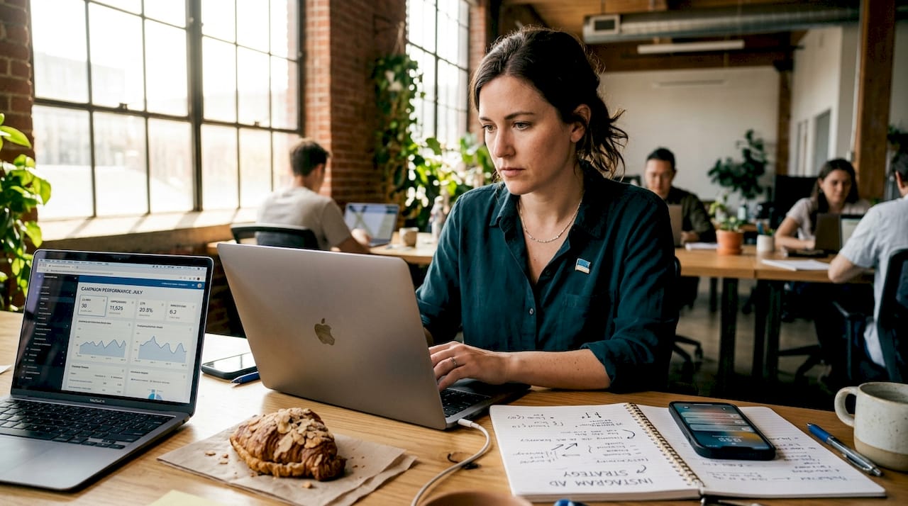 Business owner managing paid ads on laptop