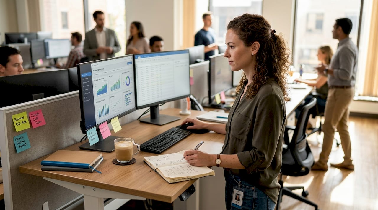 Digital marketer reviewing AI analytics dashboard