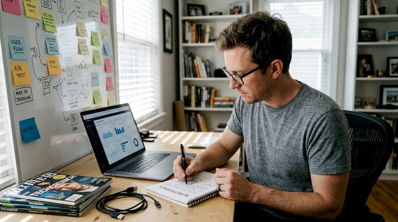 Web designer sketching wireframes in home office
