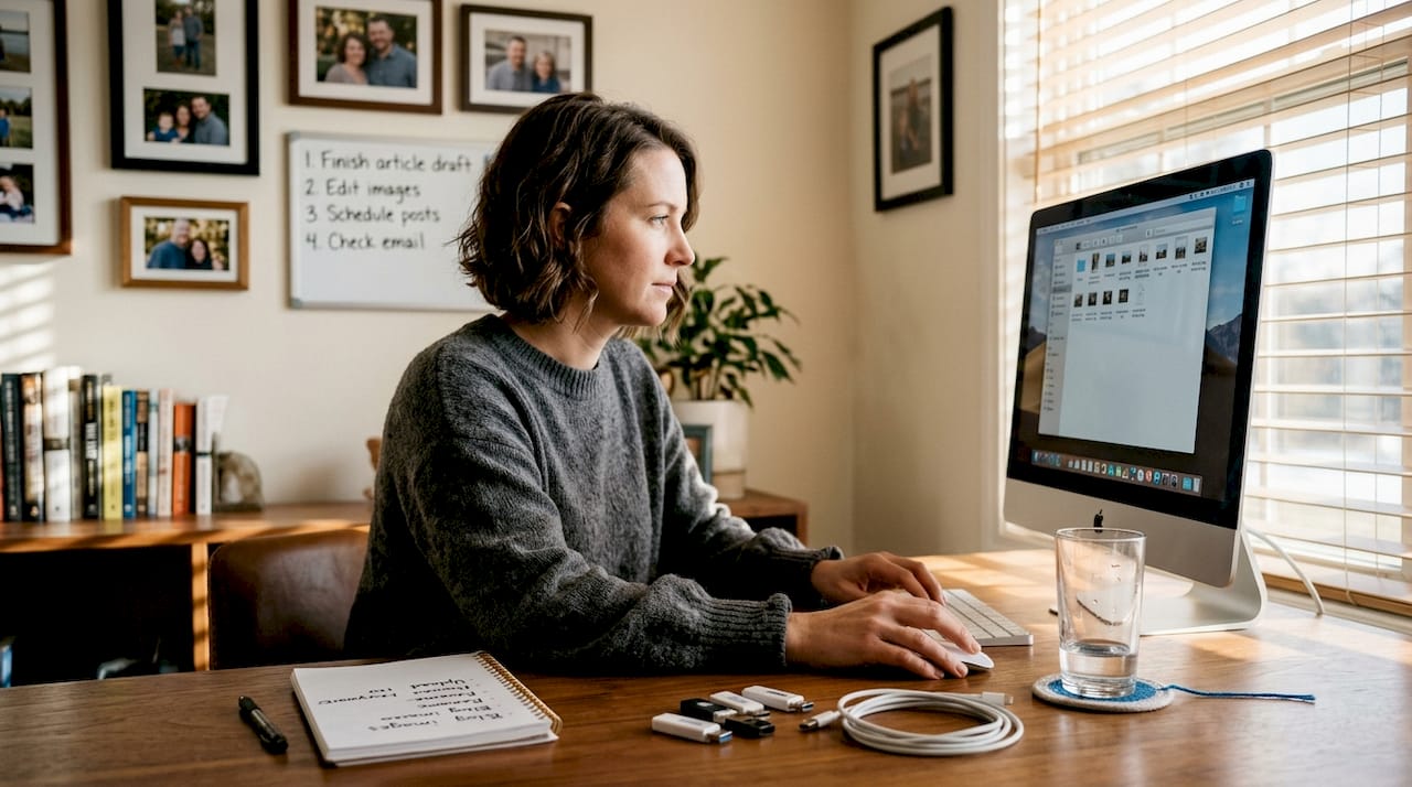 Business owner optimizing images at home office
