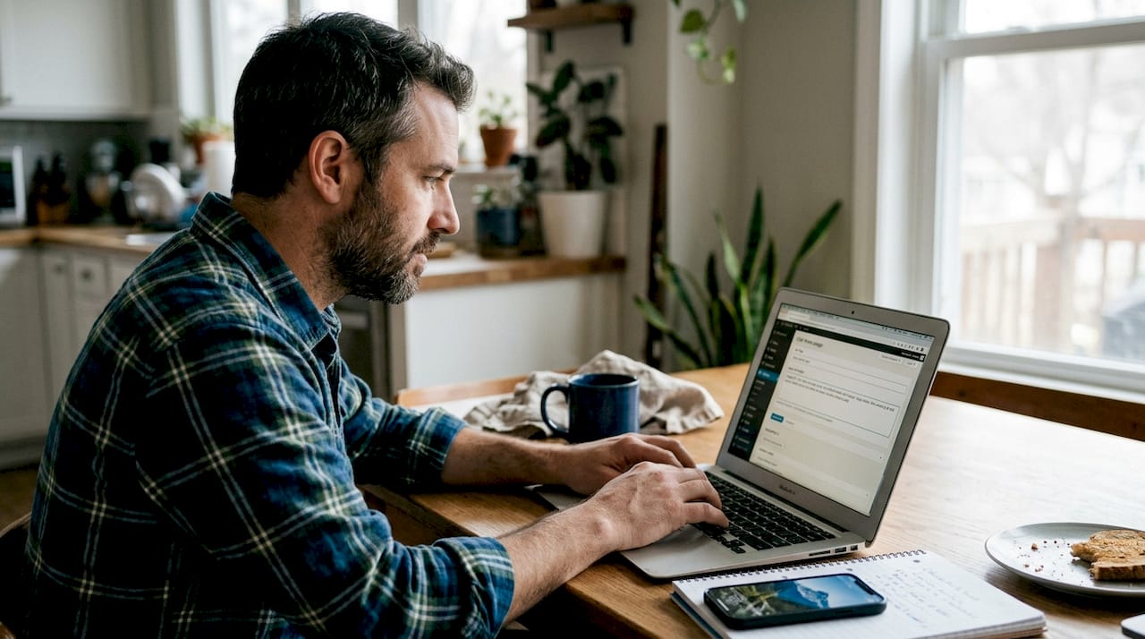 Content manager writing image alt text in kitchen