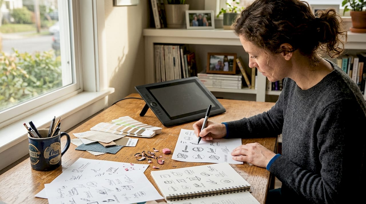 Designer sketching logo concepts at home desk