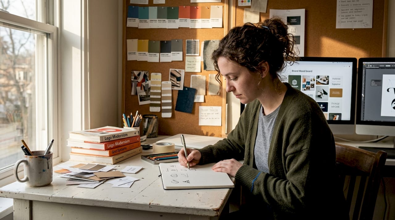 Designer sketches branding ideas at studio desk