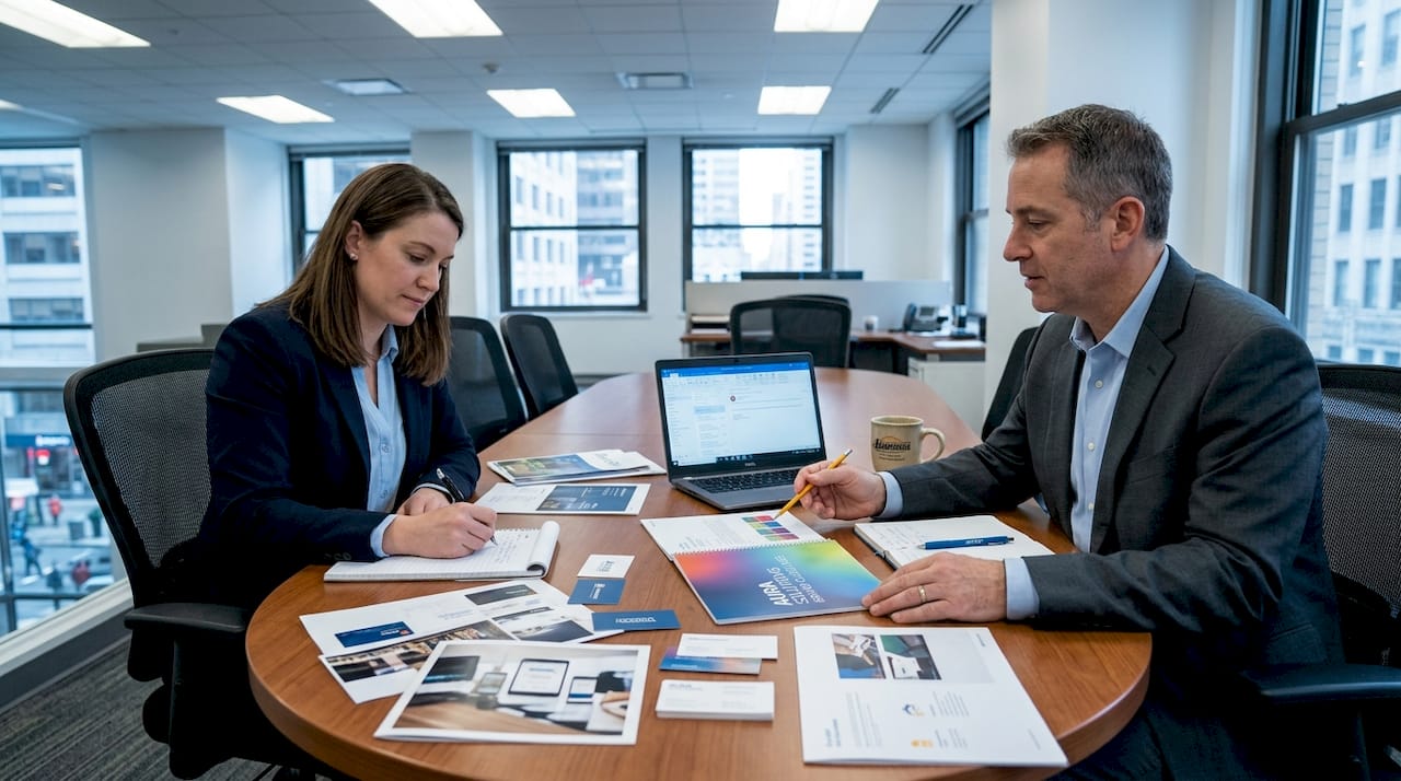 Team reviews printed brand materials in office