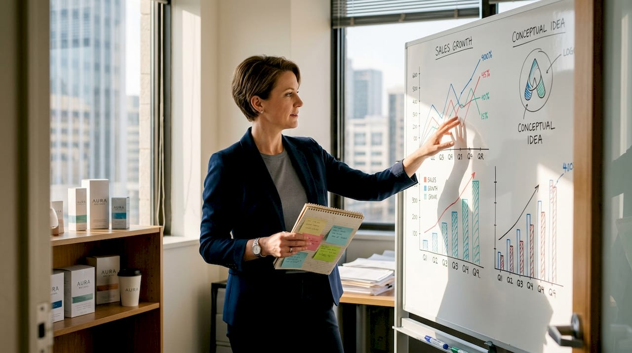 Business owner discussing branding impact with charts
