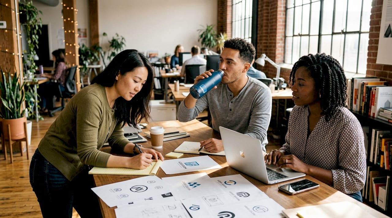 Branding team reviewing logo designs in workspace
