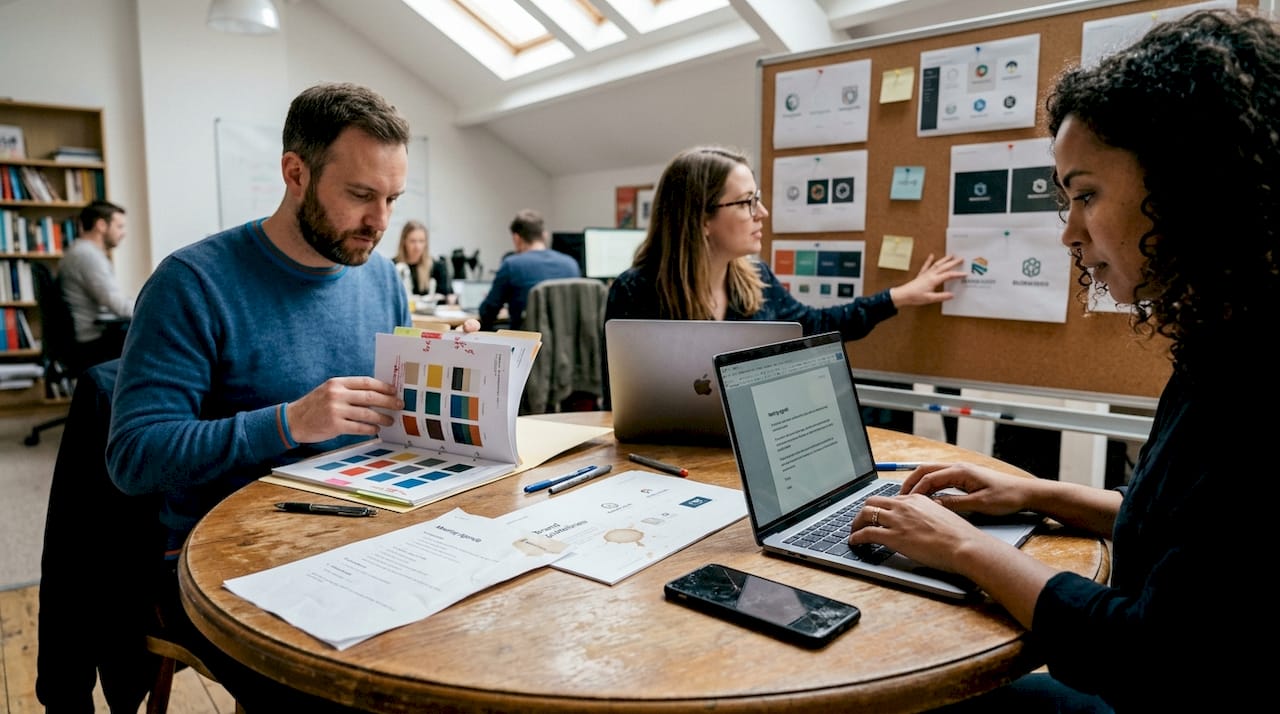 Team reviewing brand style guides together