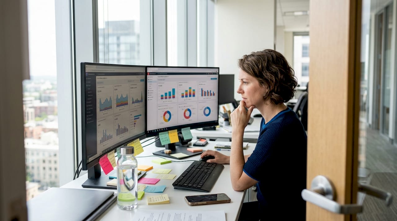 Woman viewing social media dashboard in office