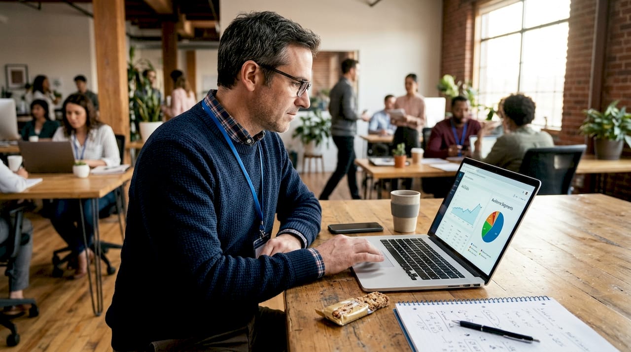 Retail manager checks social campaign results
