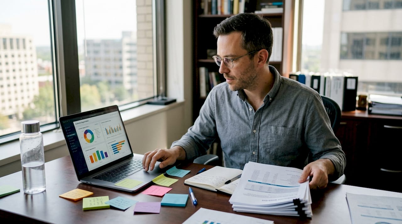 Strategist reviewing audience analytics at desk