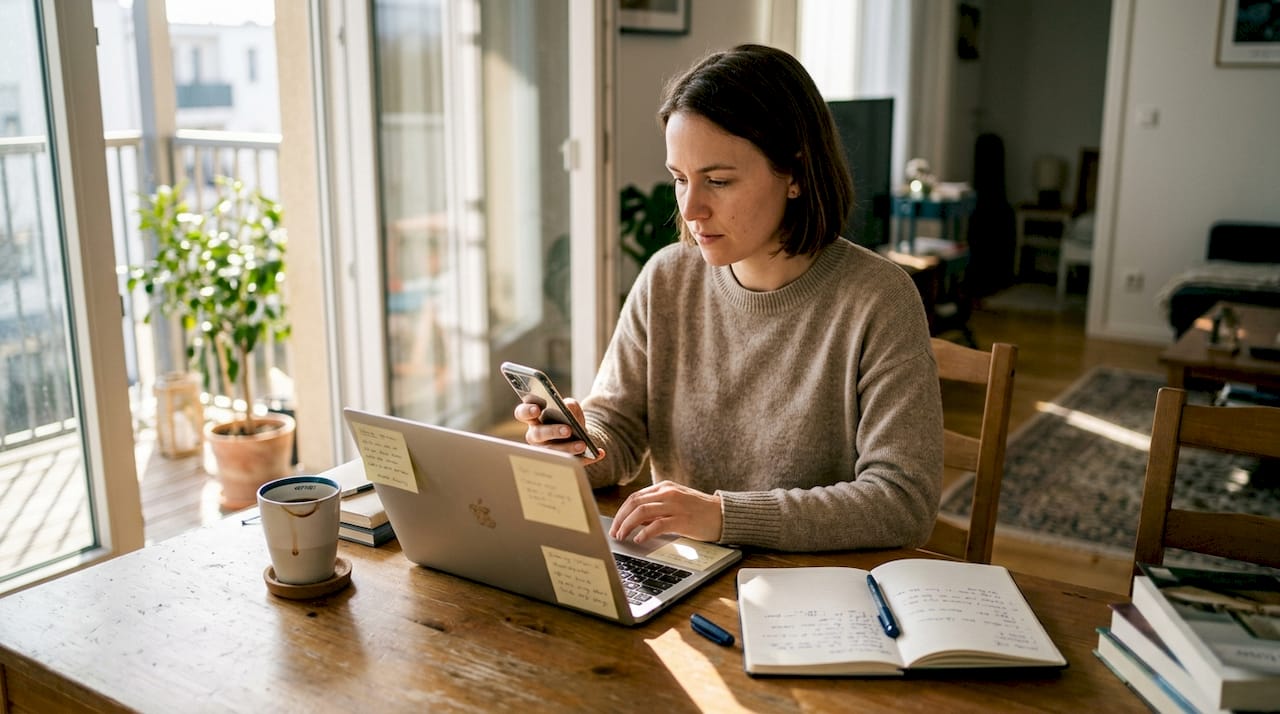 Woman comparing app and website workspace