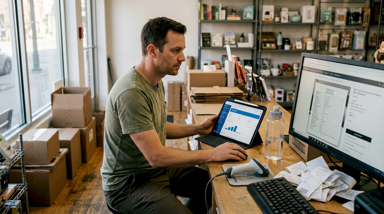Store owner multitasking with app and website