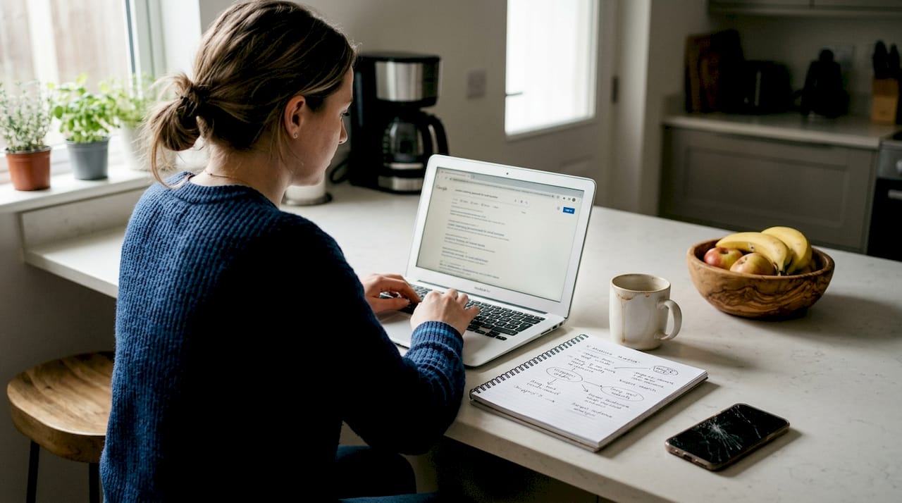 Woman researching SEO keywords at kitchen counter