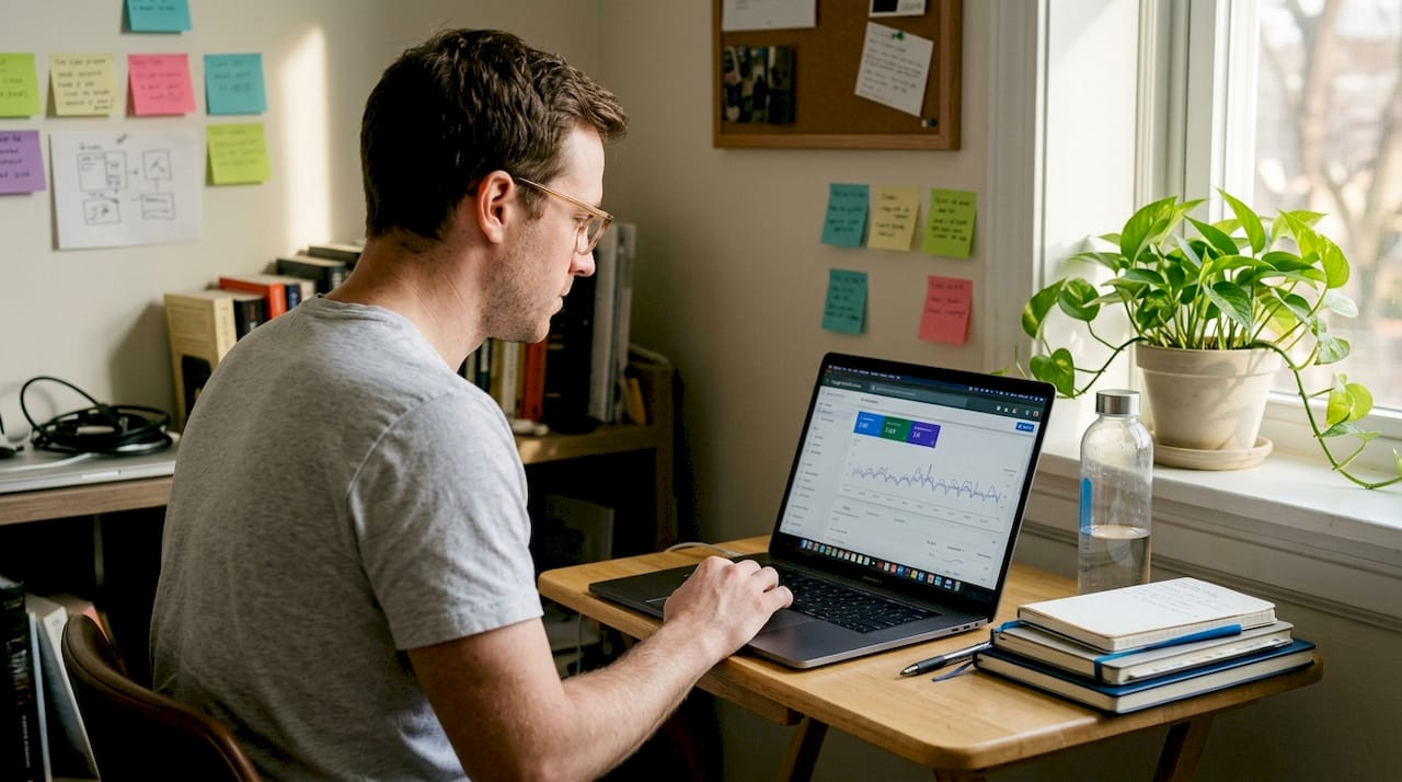Man learning SEO at home desk workspace