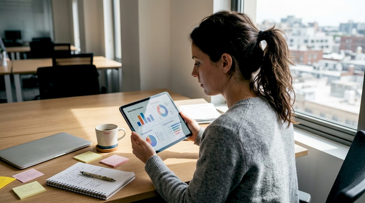 Professional reviewing social media data at office desk