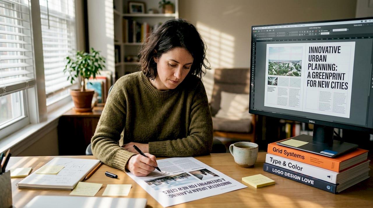 Designer reviewing poster draft at home office desk