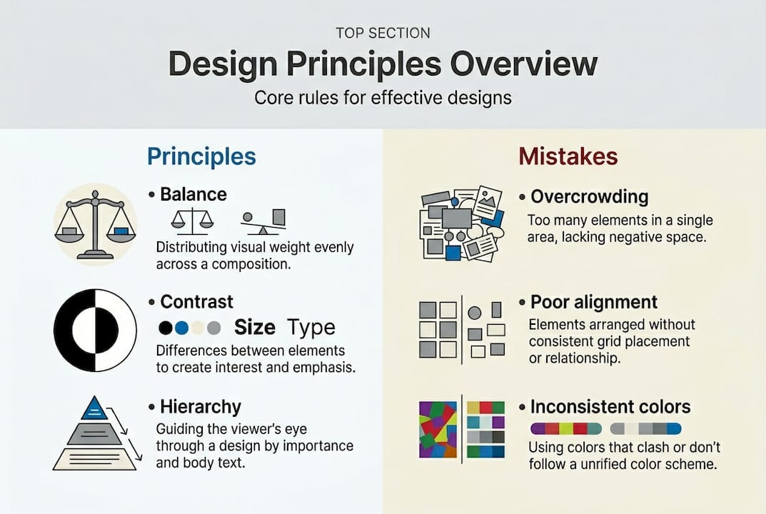 Infographic of main graphic design principles and mistakes
