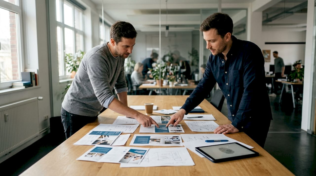 Designers reviewing layout samples at studio table