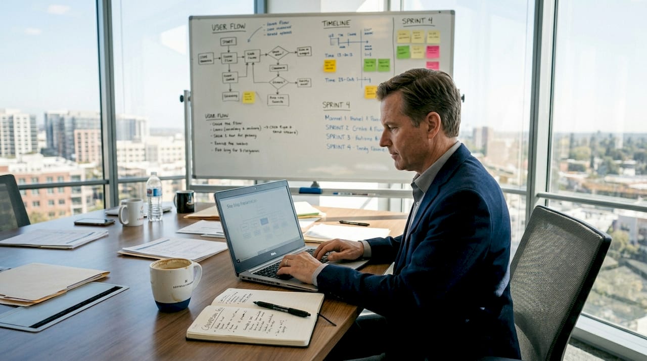 Manager reviewing B2B website plan in office