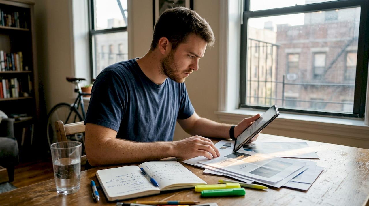 Entrepreneur reviewing branding templates at home
