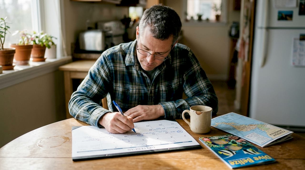 Man planning fishing trip at kitchen table