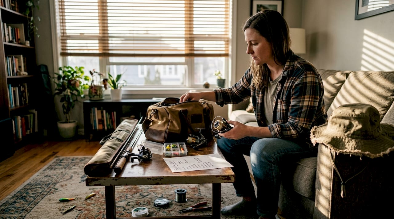 Woman packing fishing gear in living room