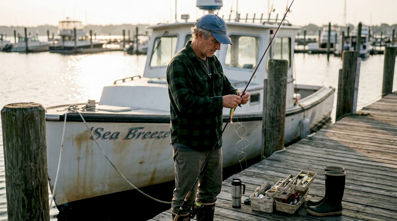 Angler prepping gear on fishing dock