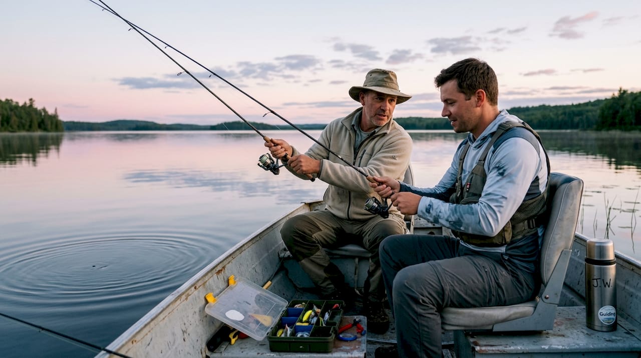 Fishing guide teaching casting on lake at dawn