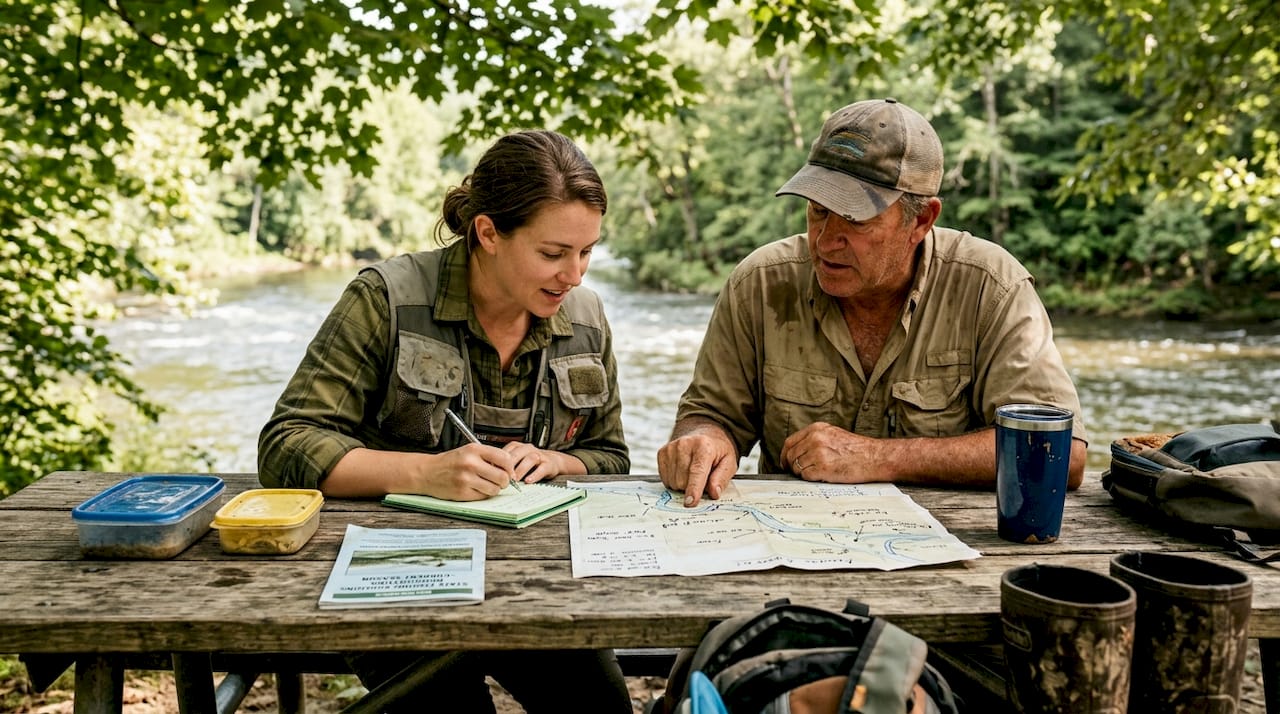 Angler taking notes from fishing guide by river
