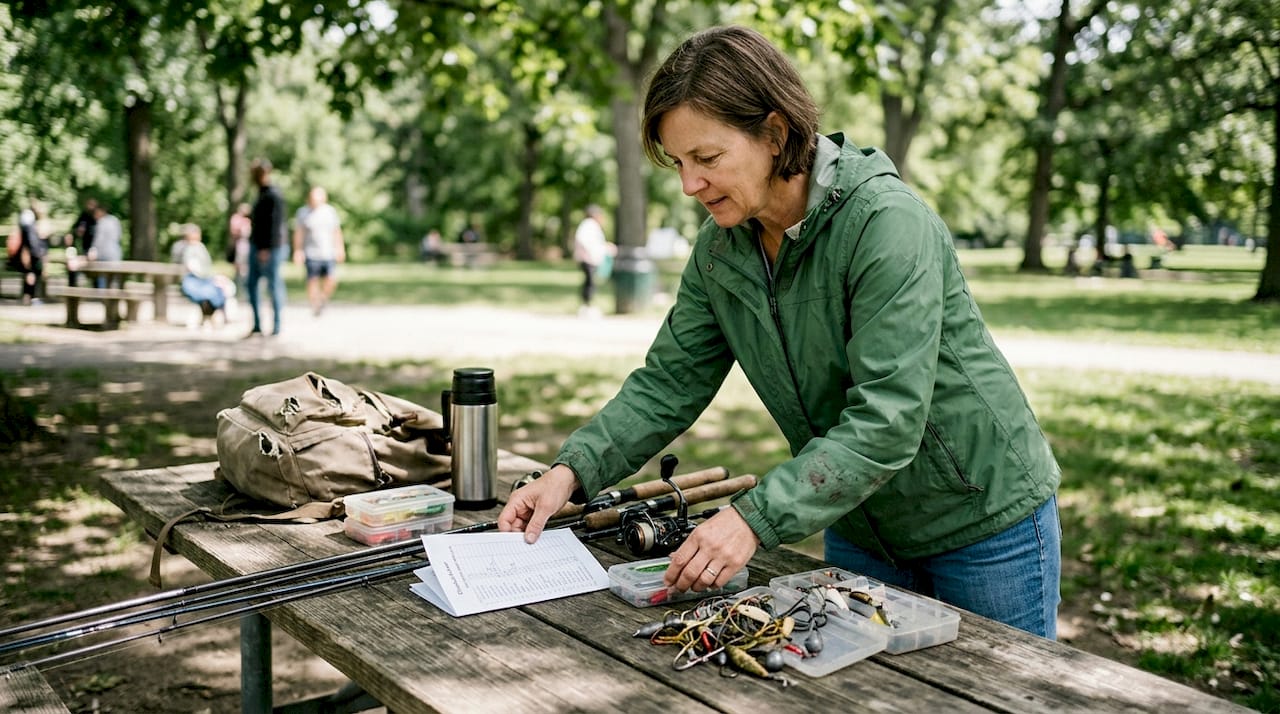 Woman organizes group fishing gear checklist