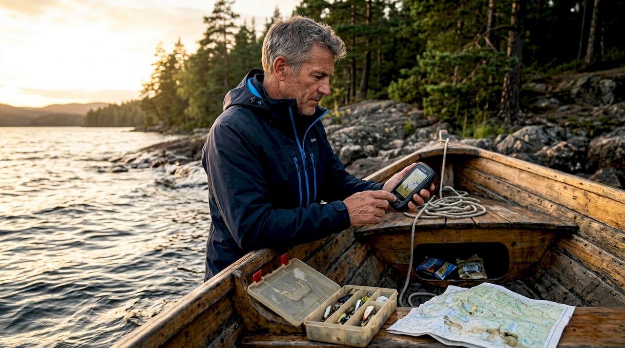 Angler checking GPS device on fishing boat