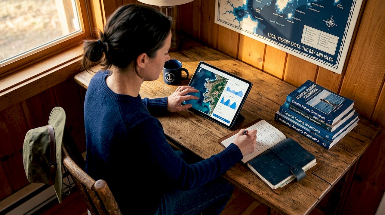 Woman planning fishing trip using tablet app