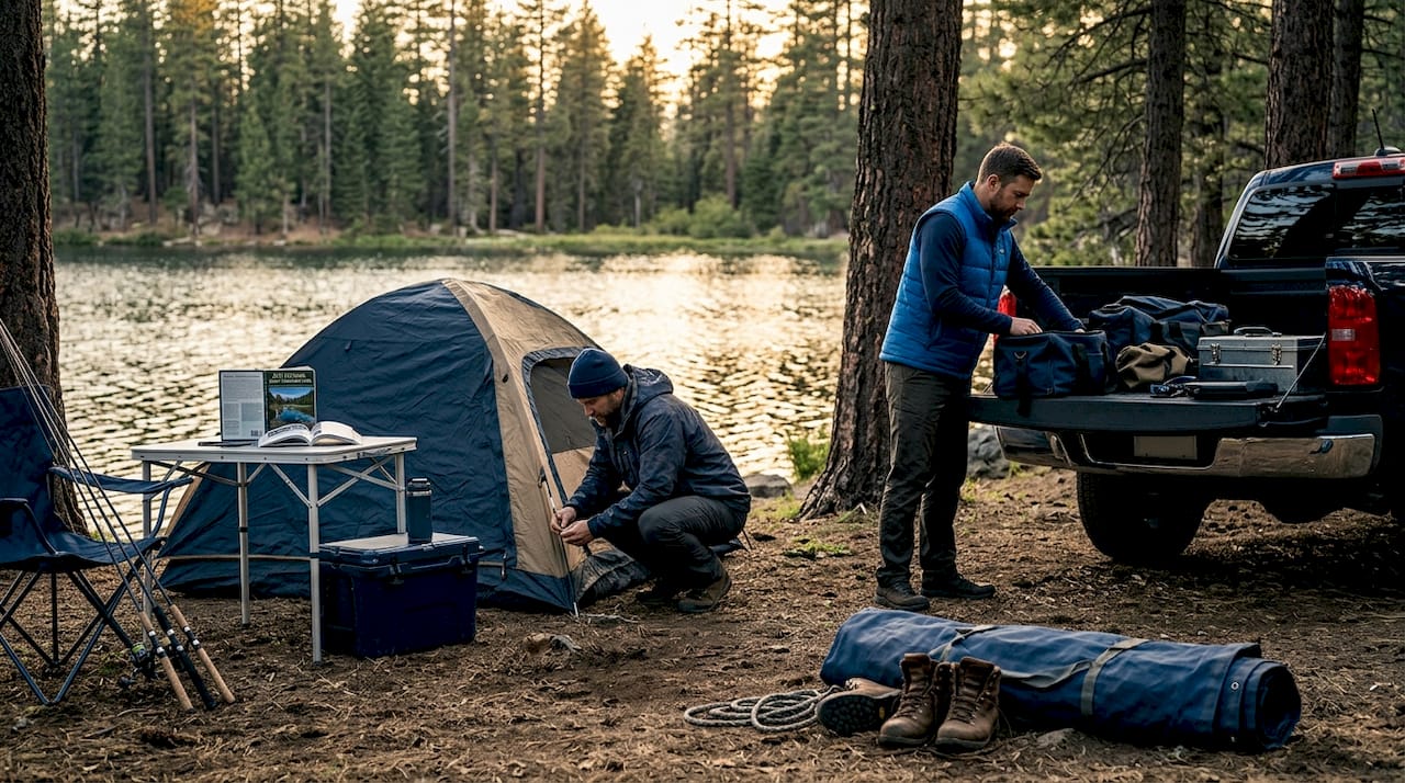 Anglers setting up camp near lakeshore
